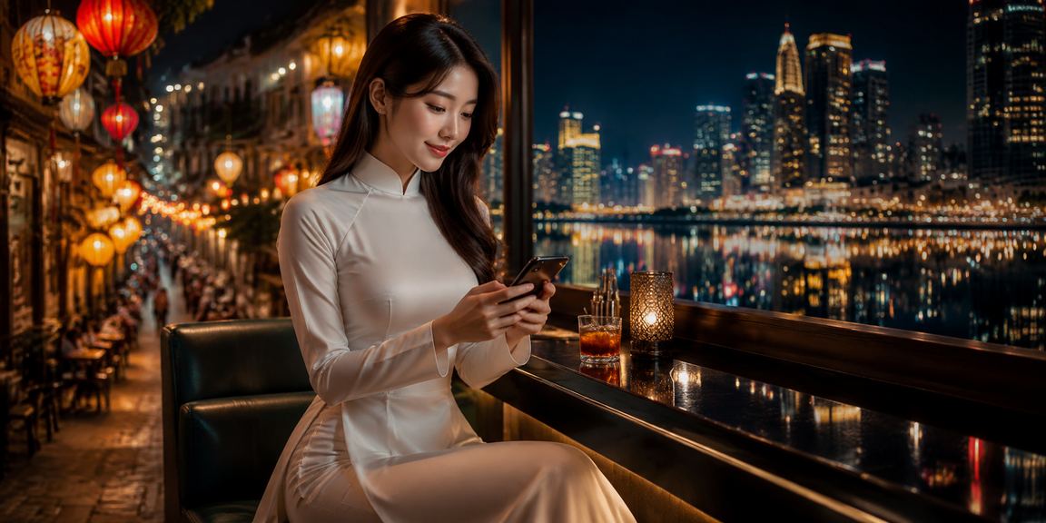 Người phụ nữ mặc áo dài tại Hà Nội đặt cược thể thao trực tuyến với thiết bị di động