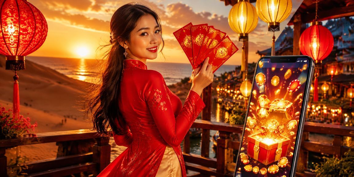Phụ nữ mặc áo dài Hội An cầm phong bì đỏ bên không gian casino rực rỡ